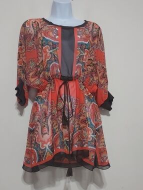 ivy jane Coral and Brown Semi-Sheer Paisley Print Mini Dress Sz-L